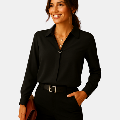 Effen damesblouse met klassieke kraag en getailleerde pasvorm, ideaal voor werk en casual gelegenheden