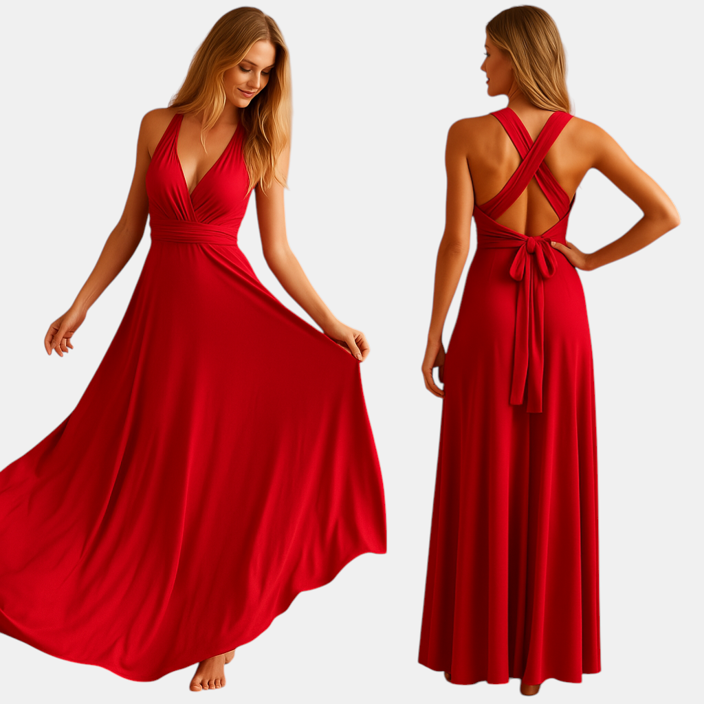 Dames wikkeljurk met overlengte bandjes en 20 draagopties, perfect voor bruiloften, diners en speciale gelegenheden