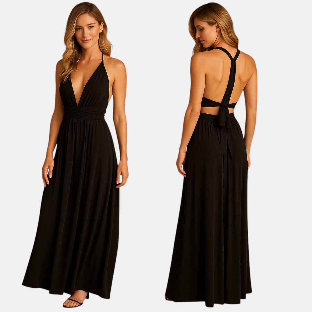 Dames wikkeljurk met overlengte bandjes en 20 draagopties, perfect voor bruiloften, diners en speciale gelegenheden