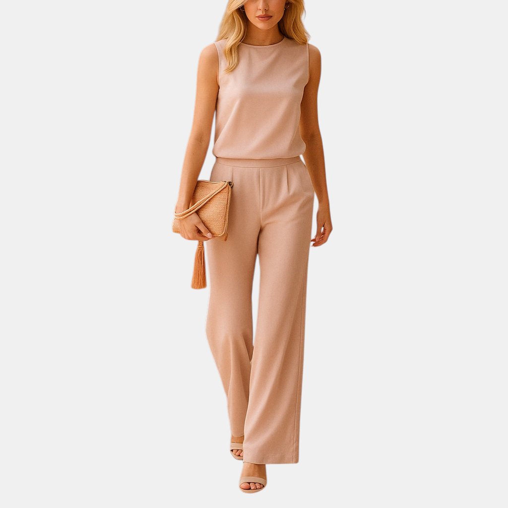 Dames jumpsuit met ronde hals, middentaille en wijde pijpen, ideaal voor werk, avondjes uit en elegante gelegenheden.