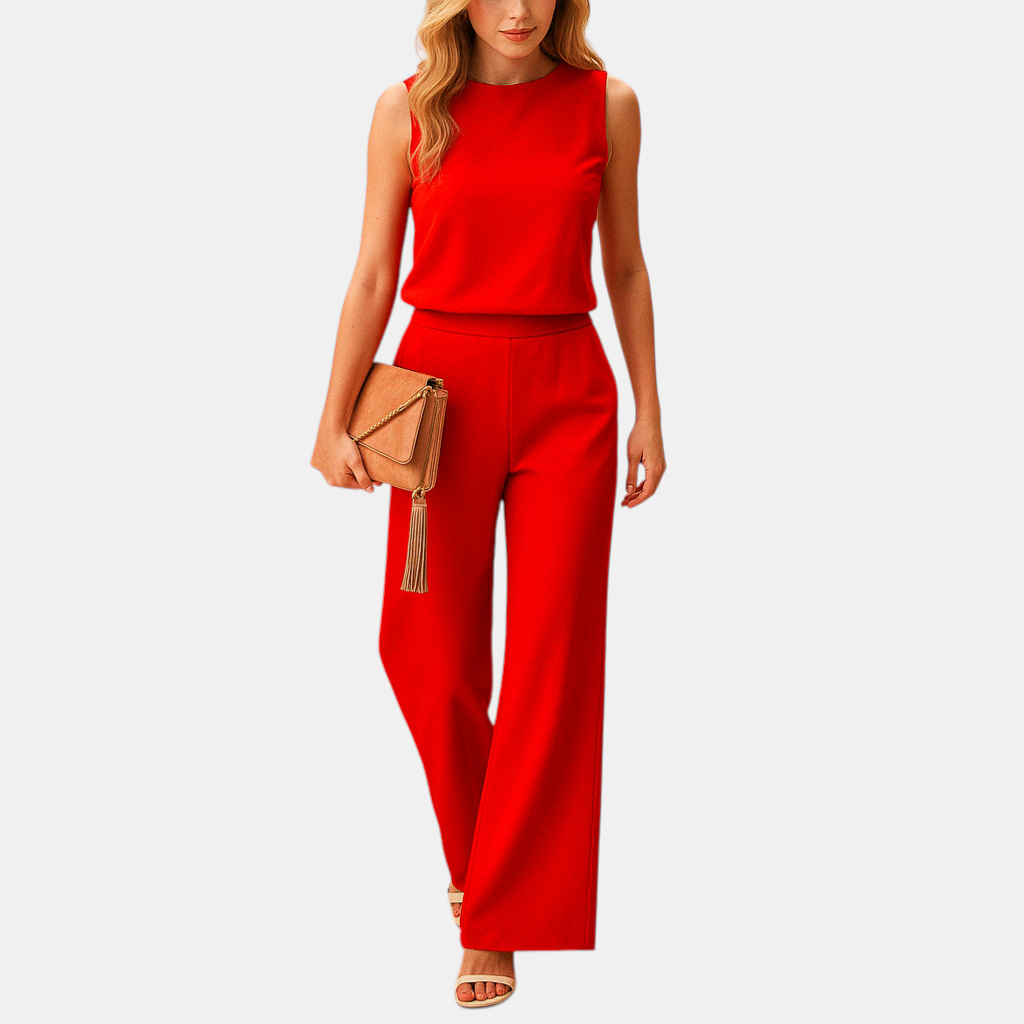 Dames jumpsuit met ronde hals, middentaille en wijde pijpen, ideaal voor werk, avondjes uit en elegante gelegenheden.
