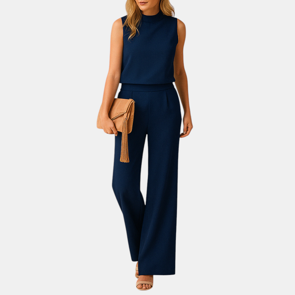 Dames jumpsuit met ronde hals, middentaille en wijde pijpen, ideaal voor werk, avondjes uit en elegante gelegenheden.