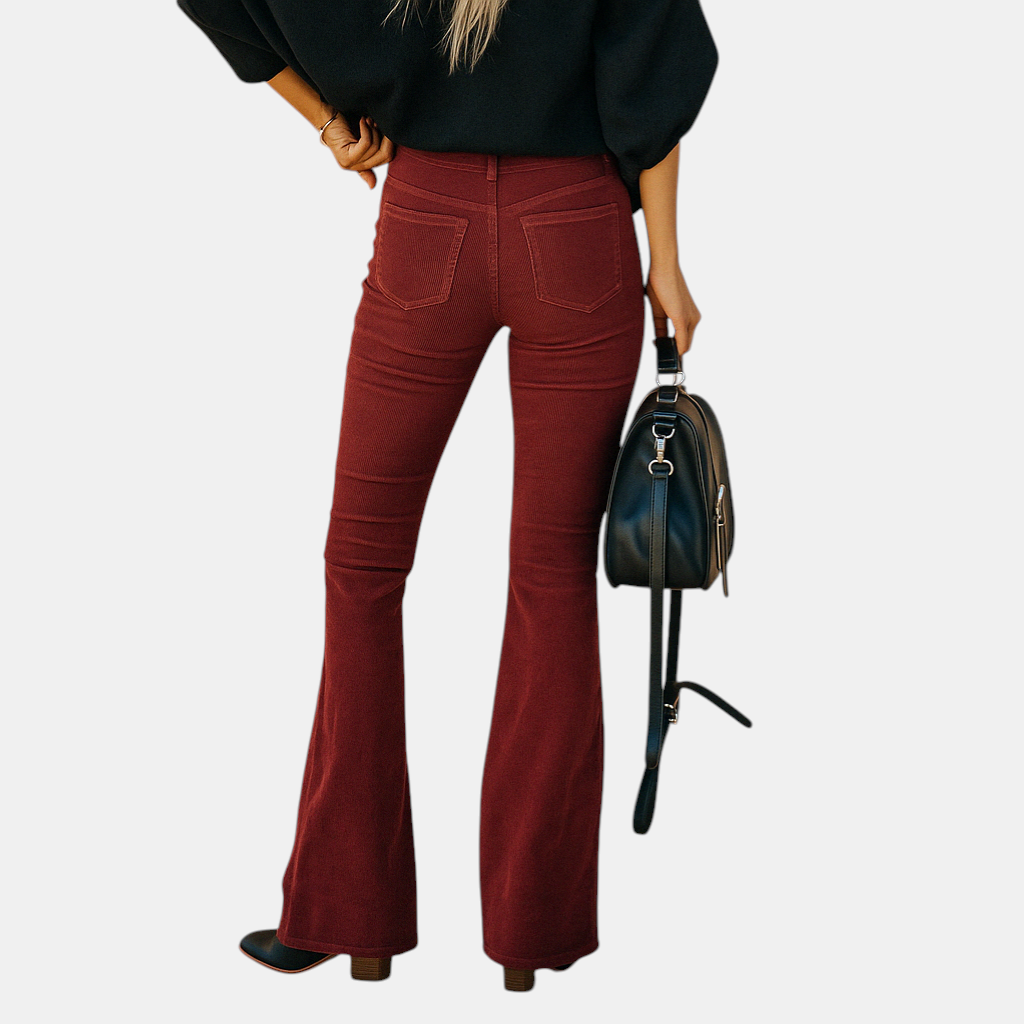 Flared damesbroek van zachte corduroy in diverse kleuren, met retro pasvorm en comfortabele stretch voor casual en semi-formele stijlen.
