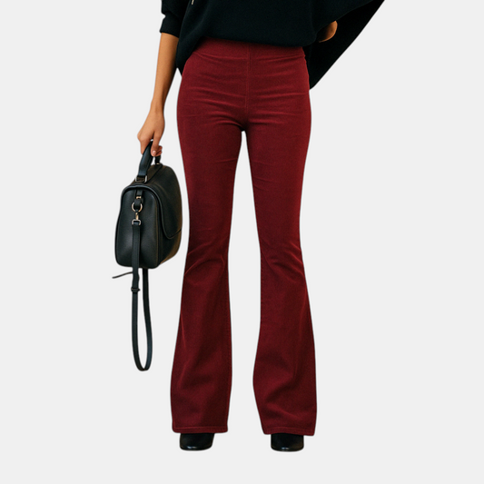 Flared damesbroek van zachte corduroy in diverse kleuren, met retro pasvorm en comfortabele stretch voor casual en semi-formele stijlen.