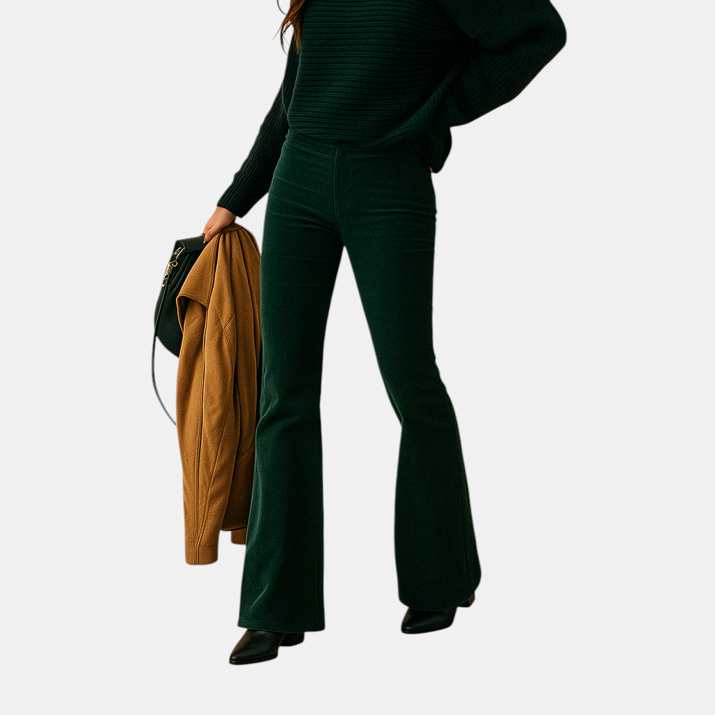 Flared damesbroek van zachte corduroy in diverse kleuren, met retro pasvorm en comfortabele stretch voor casual en semi-formele stijlen.