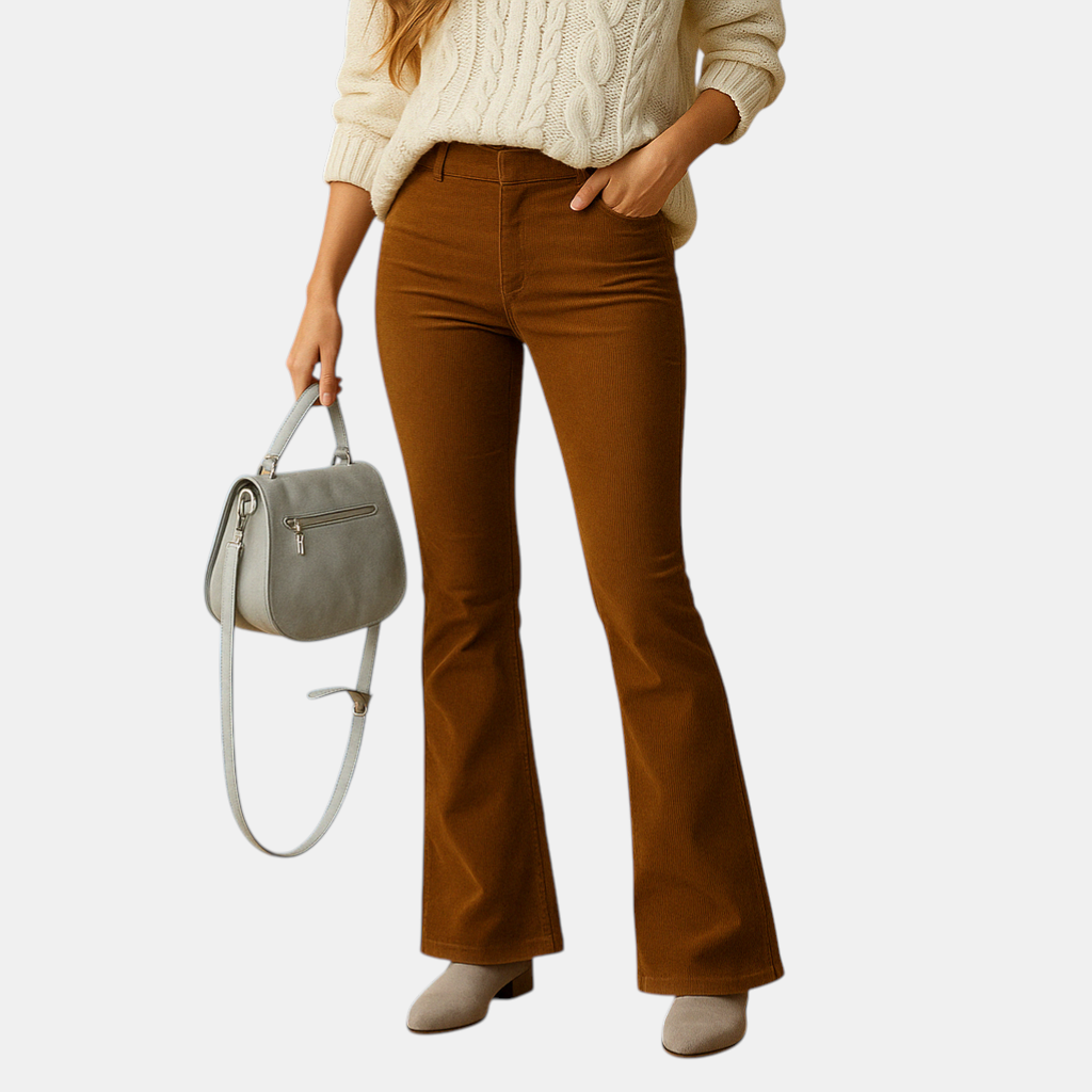 Flared damesbroek van zachte corduroy in diverse kleuren, met retro pasvorm en comfortabele stretch voor casual en semi-formele stijlen.