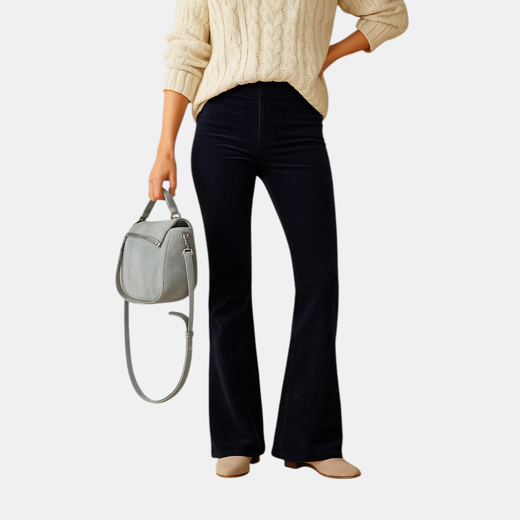 Flared damesbroek van zachte corduroy in diverse kleuren, met retro pasvorm en comfortabele stretch voor casual en semi-formele stijlen.