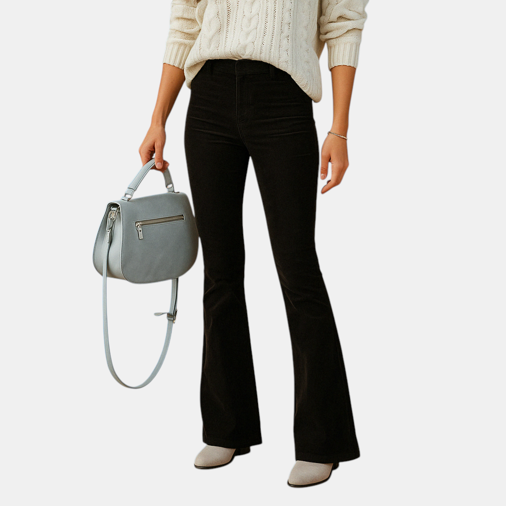 Flared damesbroek van zachte corduroy in diverse kleuren, met retro pasvorm en comfortabele stretch voor casual en semi-formele stijlen.
