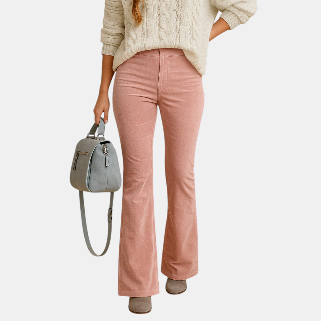 Flared damesbroek van zachte corduroy in diverse kleuren, met retro pasvorm en comfortabele stretch voor casual en semi-formele stijlen.