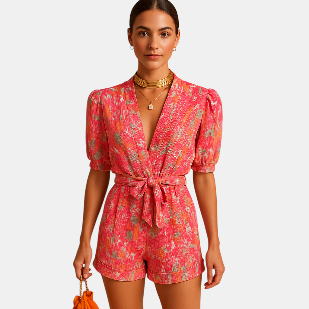 Dames zomerjumpsuit met levendige print, korte broek en taille-accentuerende riem, perfect voor warme dagen en casual gelegenheden.