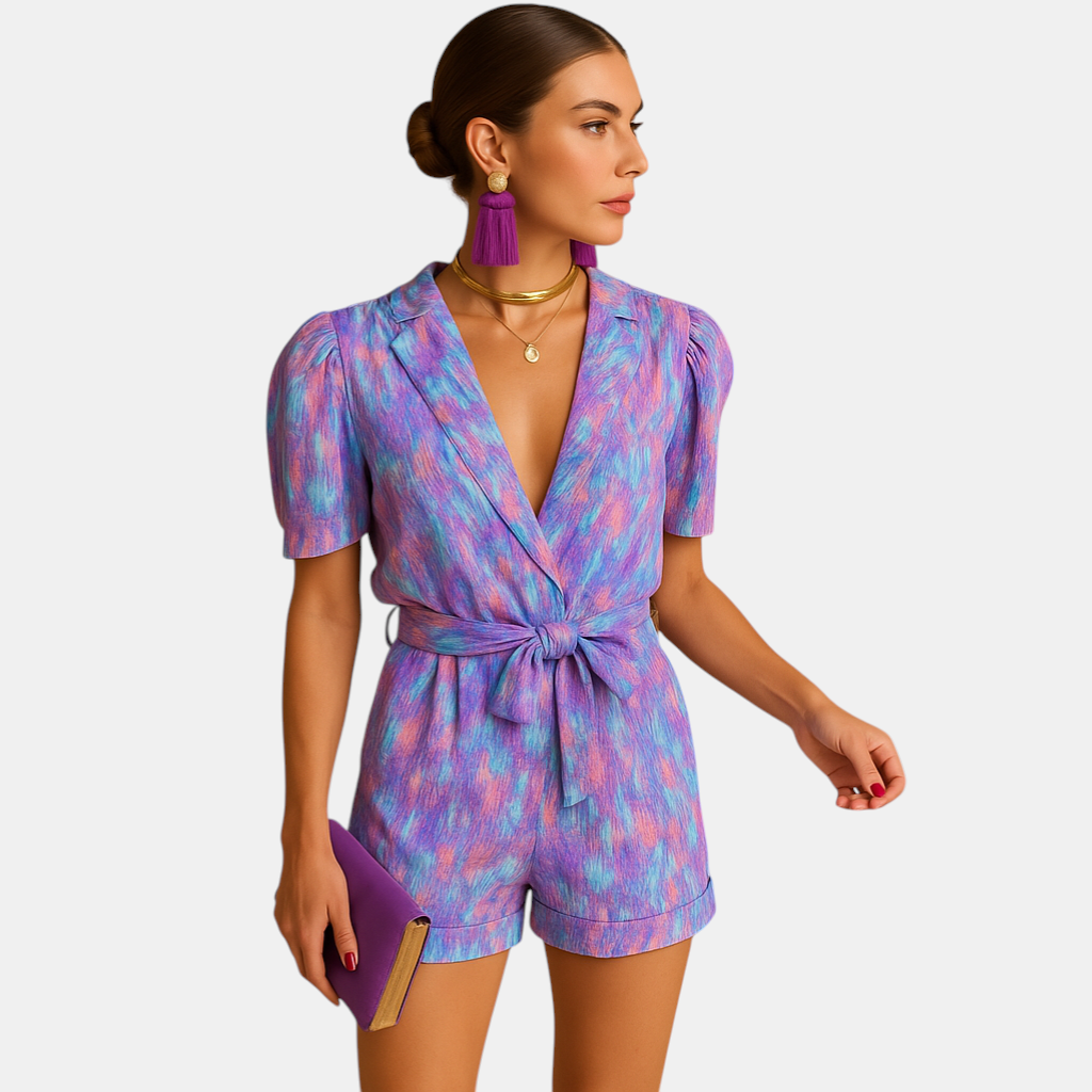 Dames zomerjumpsuit met levendige print, korte broek en taille-accentuerende riem, perfect voor warme dagen en casual gelegenheden.