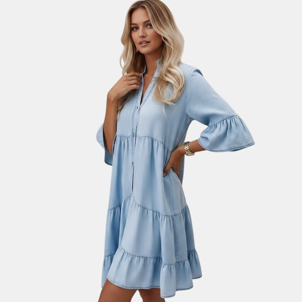 Tess Midi jurk denim met korte mouwen voor dames