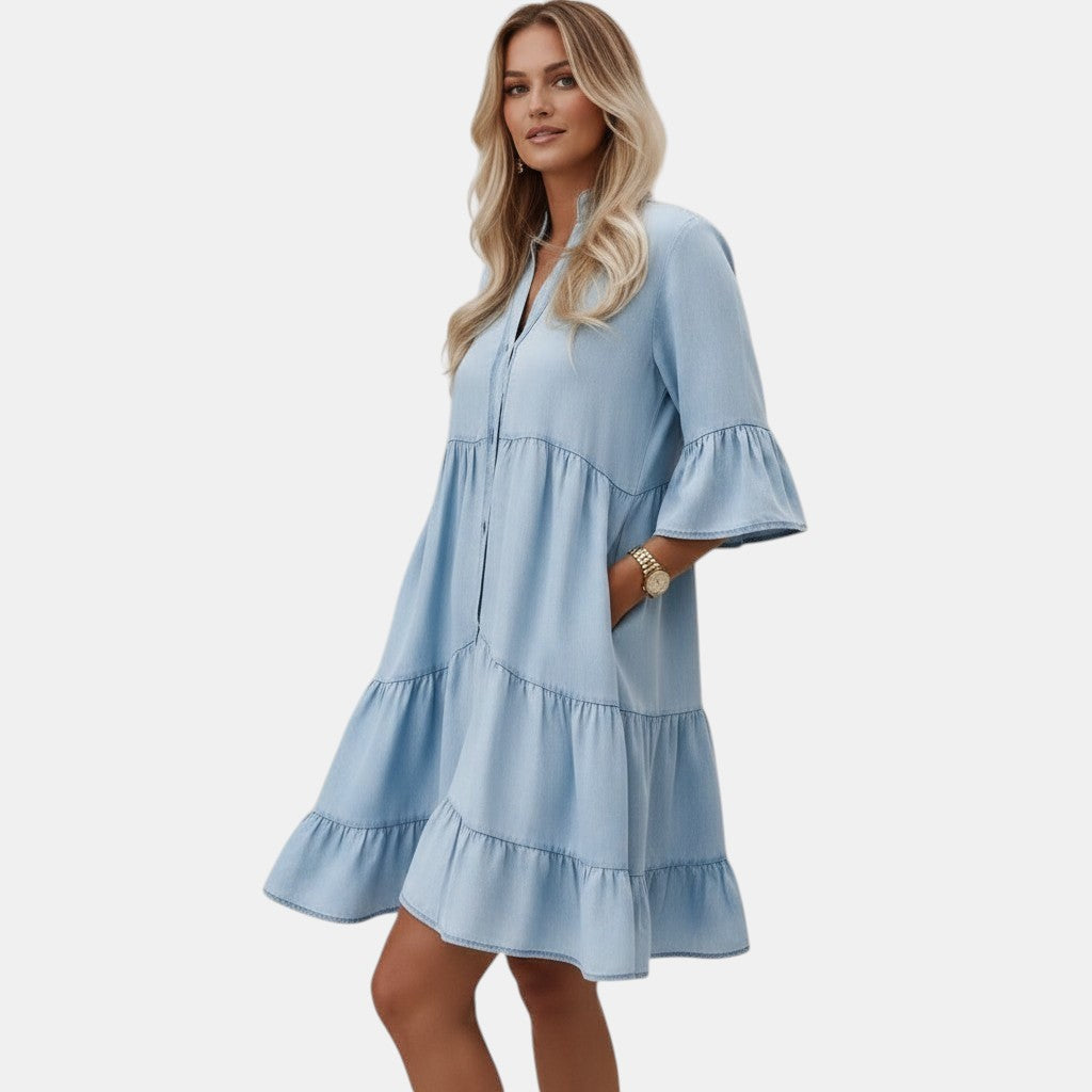 Tess Midi jurk denim met korte mouwen voor dames