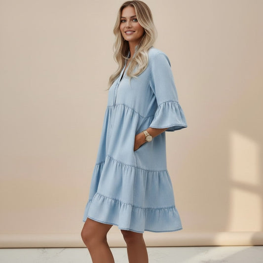 Tess Midi jurk denim met korte mouwen voor dames