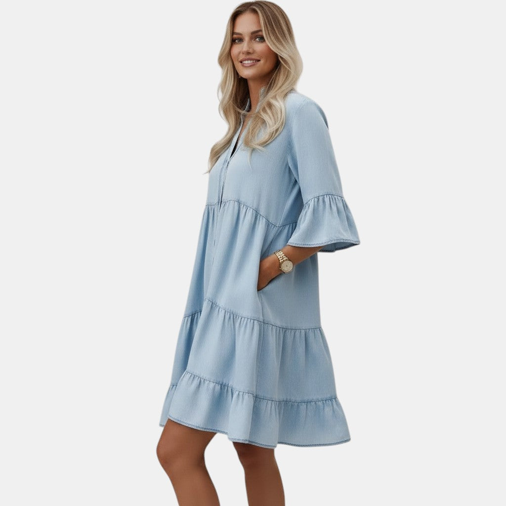 Tess Midi jurk denim met korte mouwen voor dames