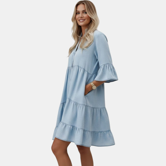 Tess Midi jurk denim met korte mouwen voor dames