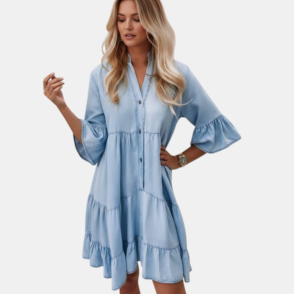 Tess Midi jurk denim met korte mouwen voor dames