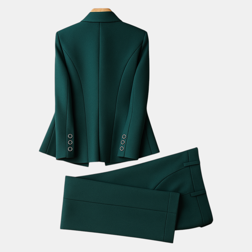 Dames blazer set met broek in elegante pasvorm, geschikt voor werk en formele gelegenheden.