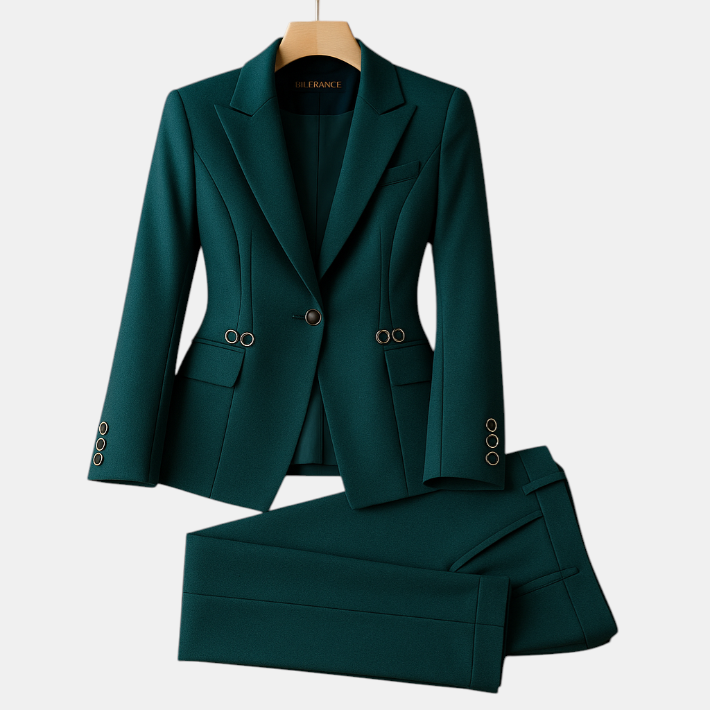 Dames blazer set met broek in elegante pasvorm, geschikt voor werk en formele gelegenheden.