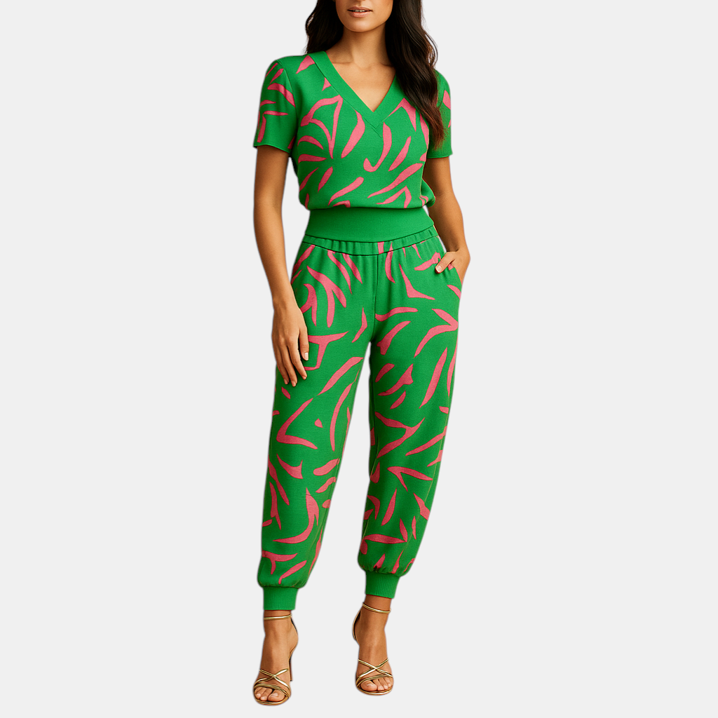 Dames set met bloemenprint, bestaande uit een top en bijpassende broek, ideaal voor een casual en modieuze zomerse look
