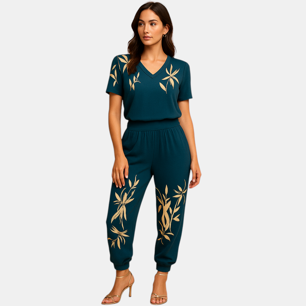 Luxe damesset met bloemenprint, bestaande uit een top en bijpassende broek voor een modieuze zomerse outfit