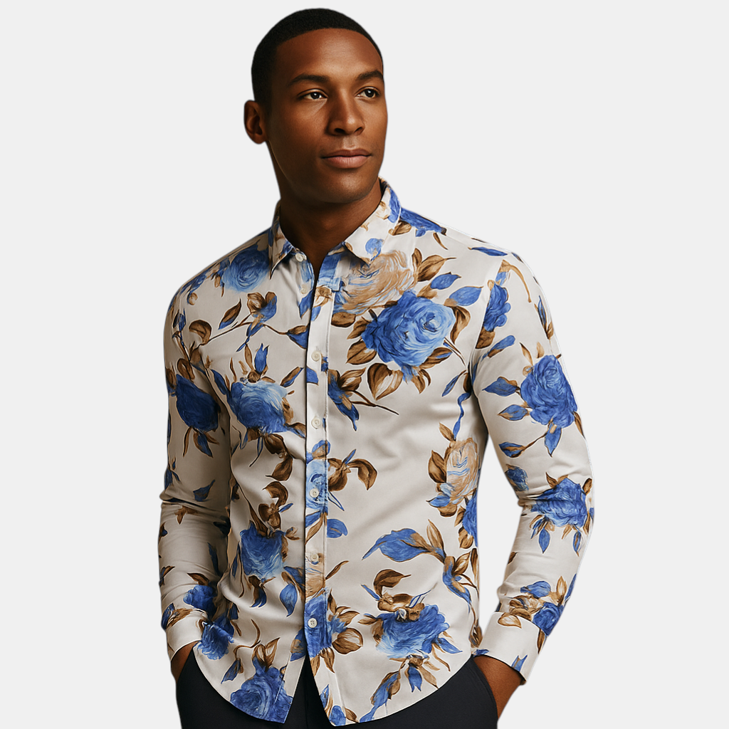 Heren bloemenoverhemd met moderne pasvorm en opvallende print in zwart, blauw of rood – perfect voor casual en semi-formele outfits.