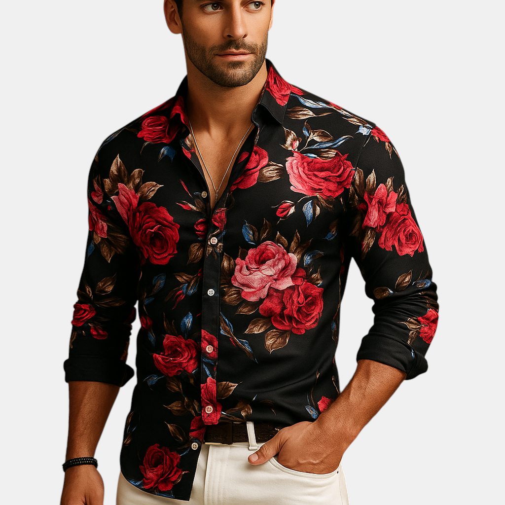 Heren bloemenoverhemd met moderne pasvorm en opvallende print in zwart, blauw of rood – perfect voor casual en semi-formele outfits.