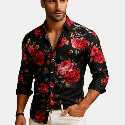 Heren bloemenoverhemd met moderne pasvorm en opvallende print in zwart, blauw of rood – perfect voor casual en semi-formele outfits.