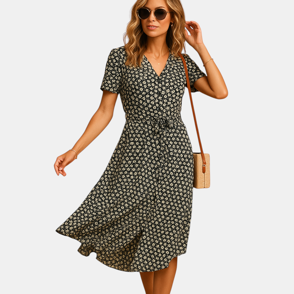 Luchtige dames midi-jurk met bloemenprint en korte mouwen, perfect voor zomer, feestjes en casual gelegenheden