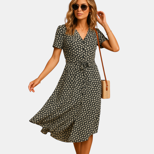 Luchtige dames midi-jurk met bloemenprint en korte mouwen, perfect voor zomer, feestjes en casual gelegenheden