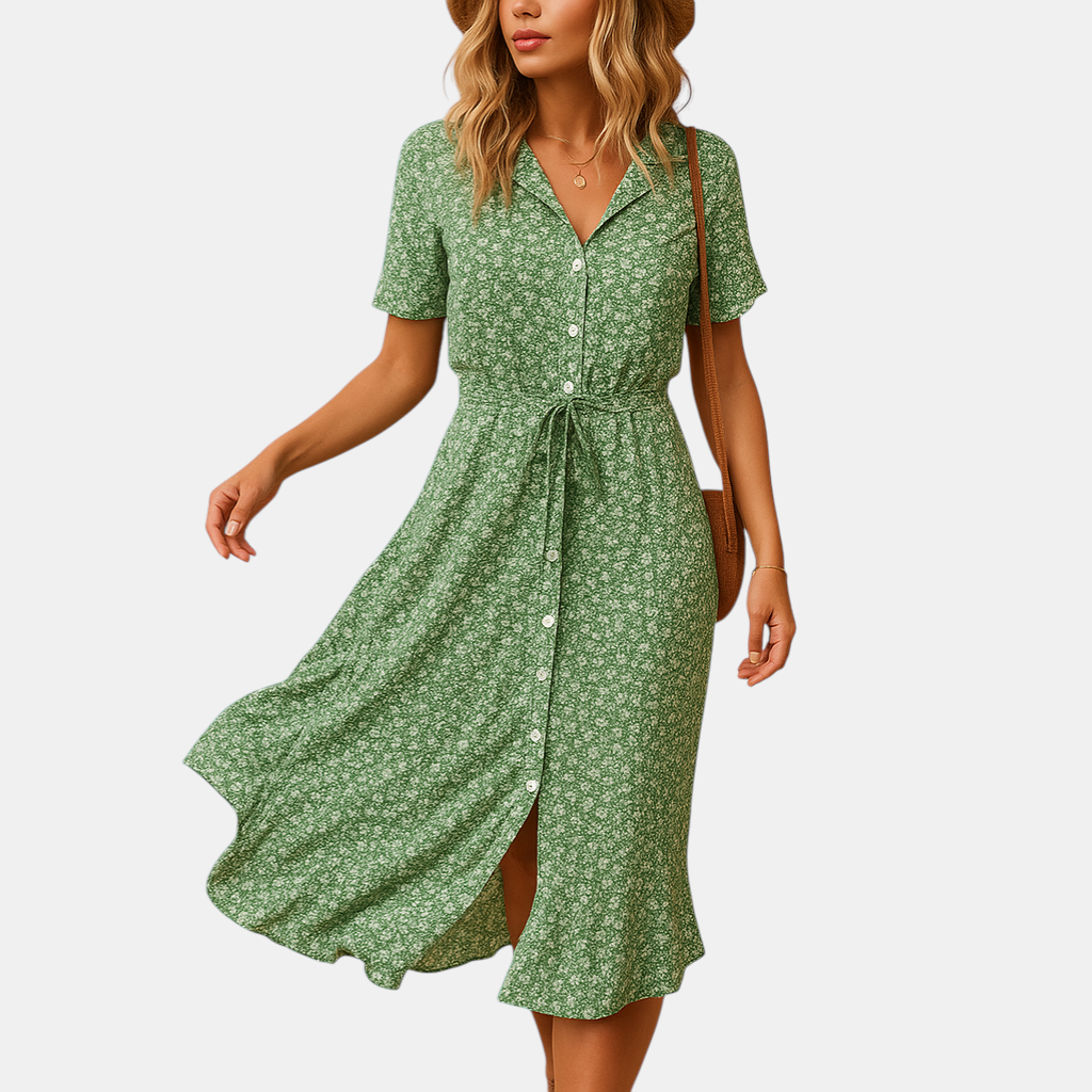 Luchtige dames midi-jurk met bloemenprint en korte mouwen, perfect voor zomer, feestjes en casual gelegenheden