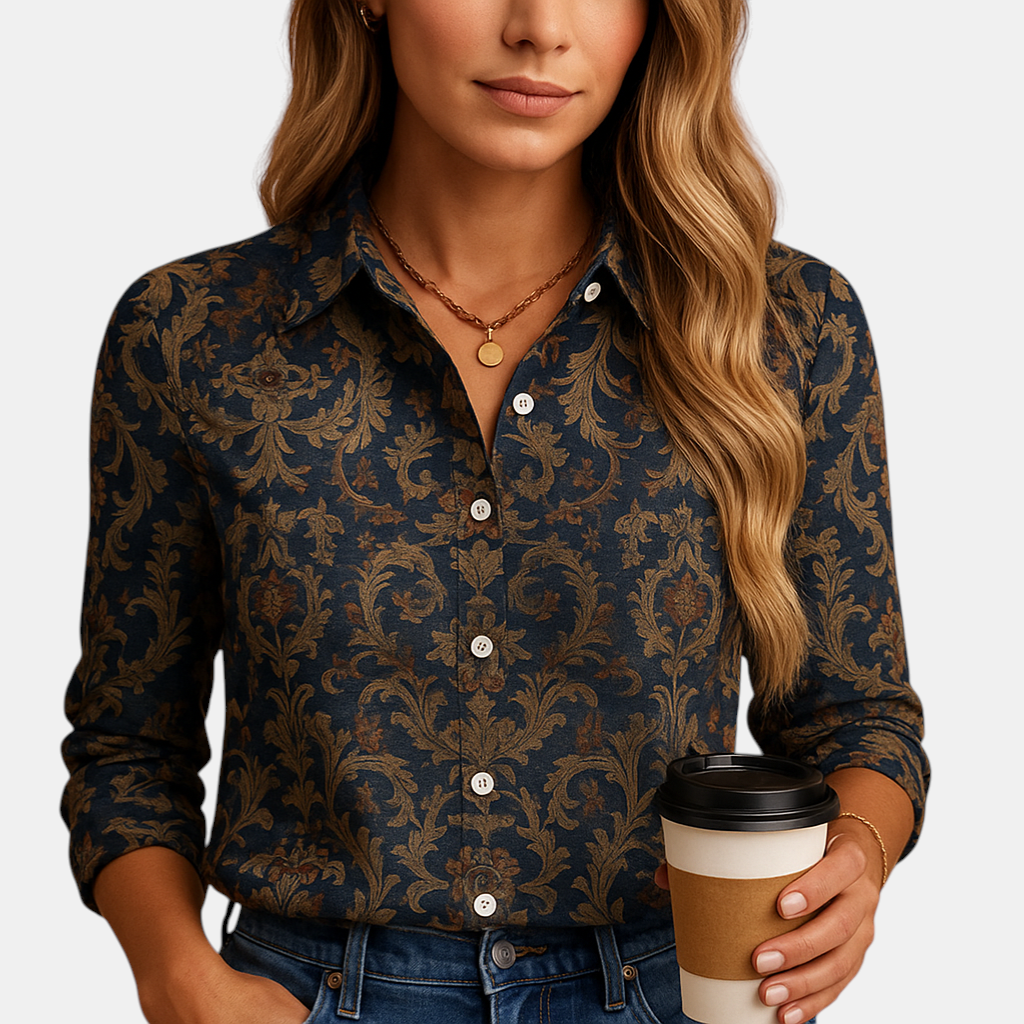 Dames blouse met levendig patroon en flatterende snit, perfect voor dagelijkse en feestelijke gelegenheden