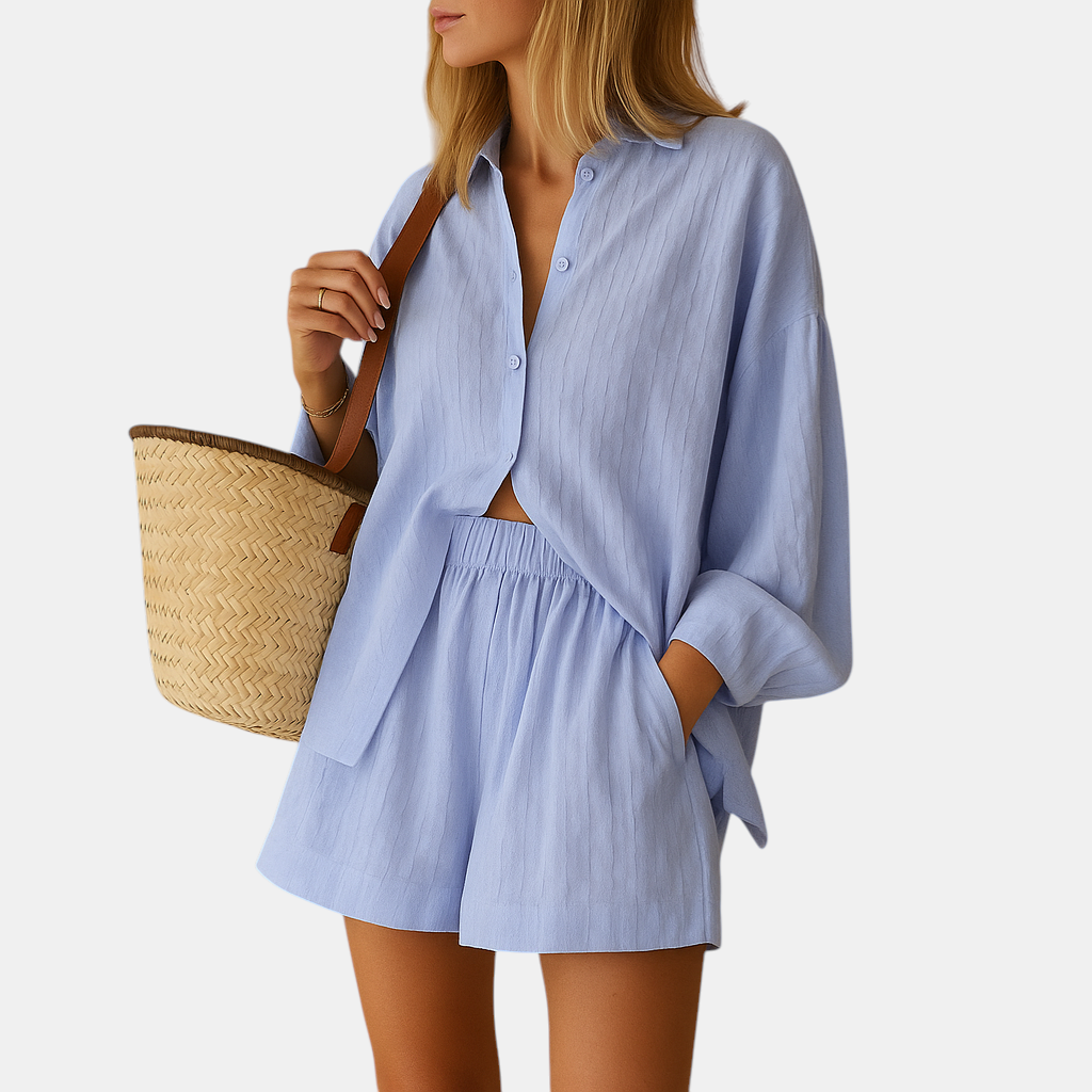 Chic summer outfit featuring a breathable blouse and shorts, great for beach, home or casual wear