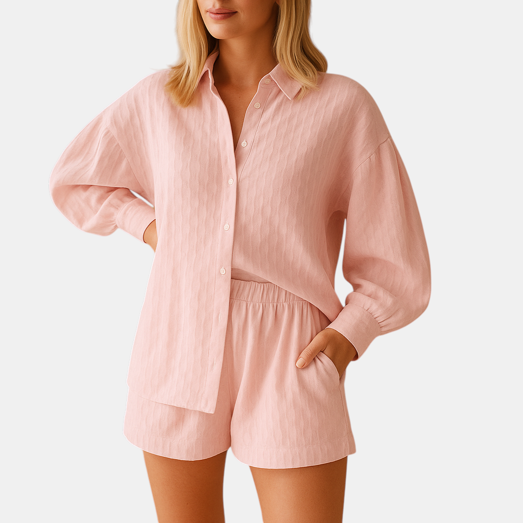 Luxe summer ensemble consisting of a flowy blouse and shorts, ideal for beach, home or casual events