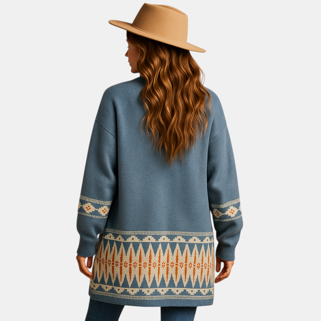 Bohemian jacquard vest voor dames met kleurrijke accenten, zachte wolmix en relaxte pasvorm, ideaal voor casual of creatieve outfits.