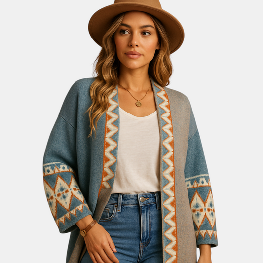 Bohemian jacquard vest voor dames met kleurrijke accenten, zachte wolmix en relaxte pasvorm, ideaal voor casual of creatieve outfits.