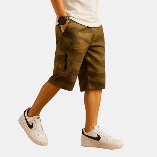 Luxury camouflage heritage shorts with pockets, loose fit for hiking, camping, or daily wear
