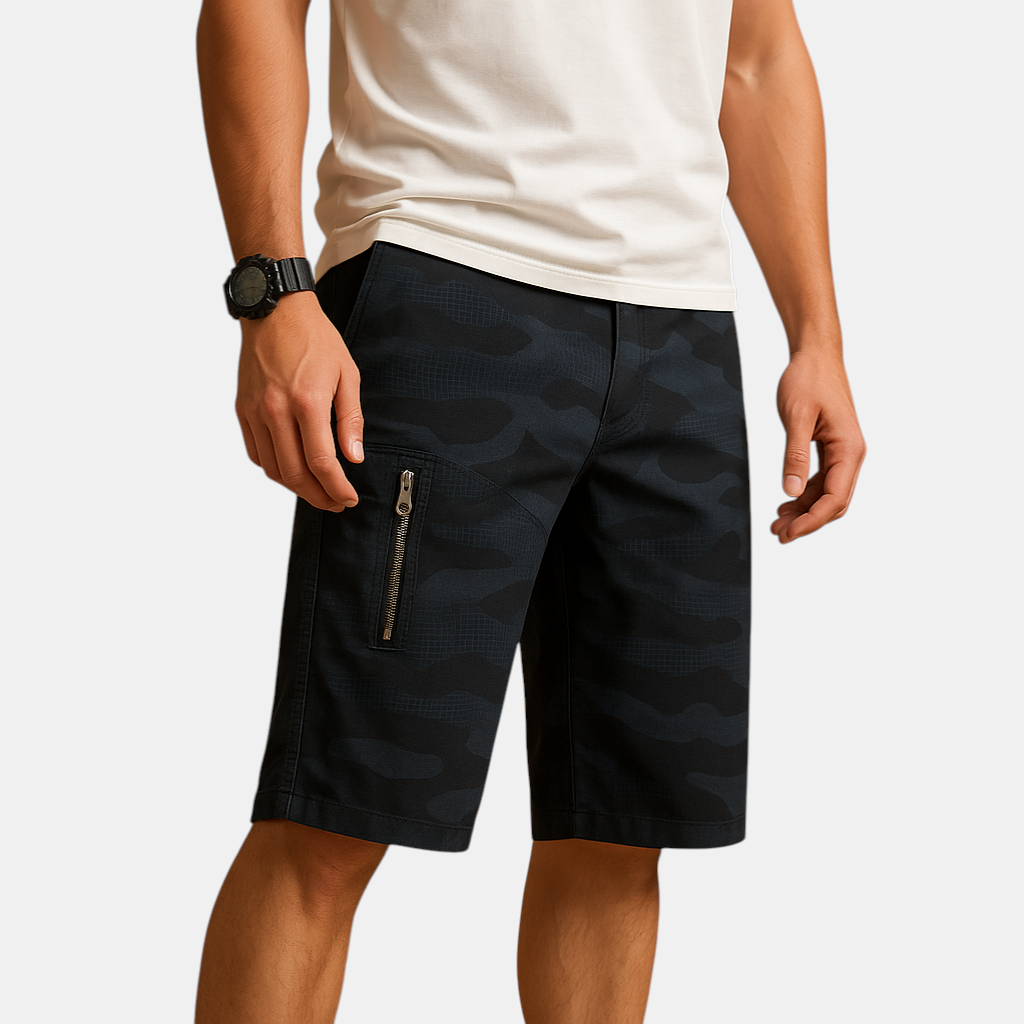 High-end camouflage cargo shorts with multiple pockets and loose fit, perfect for outdoor enthusiasts