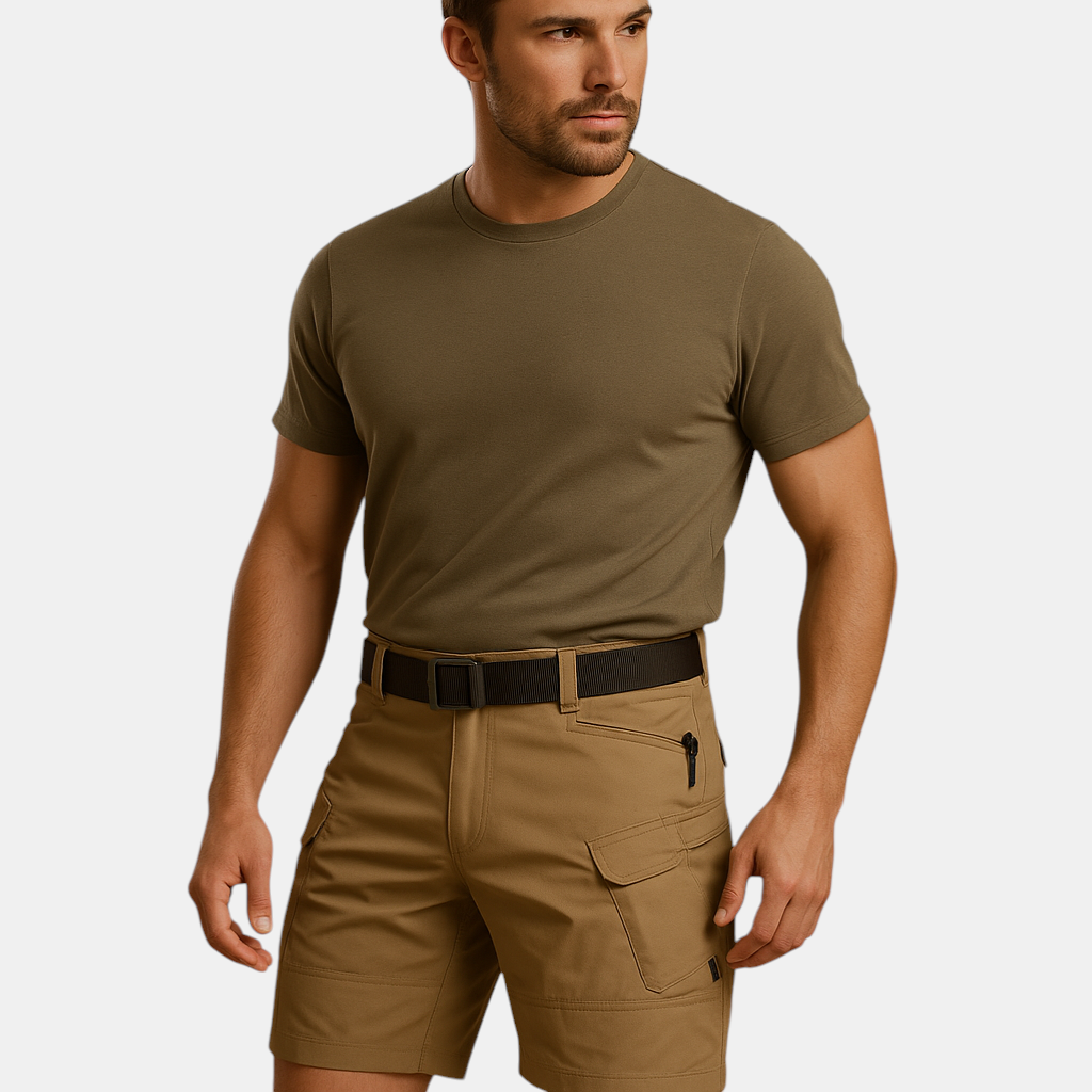 Luxurious cargo shorts for gentlemen with multiple pockets, crafted from soft cotton blend, perfect for walking, traveling an