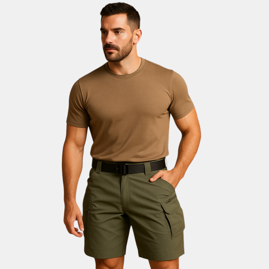 Luxurious cargo shorts for gentlemen with multiple pockets, crafted from soft cotton blend, perfect for walking, traveling an