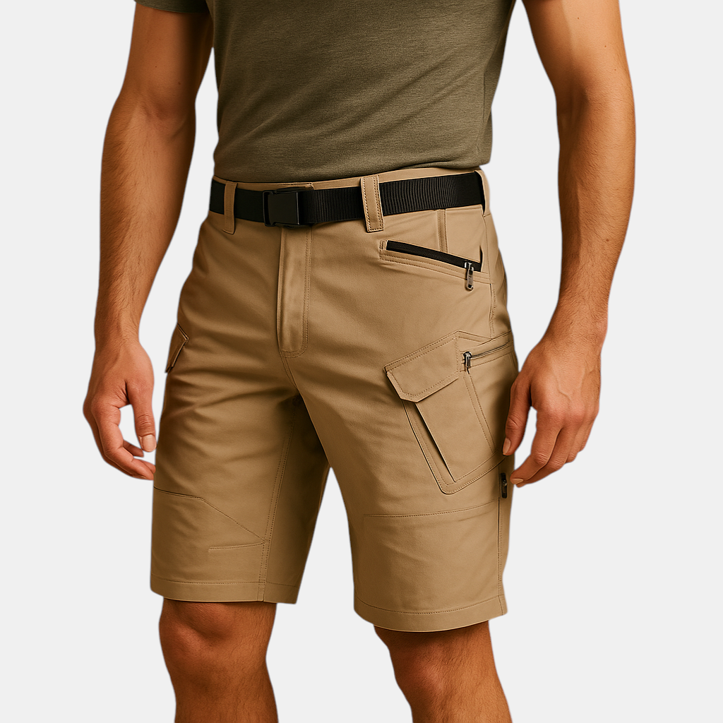 Luxurious cargo shorts for gentlemen with multiple pockets, crafted from soft cotton blend, perfect for walking, traveling an