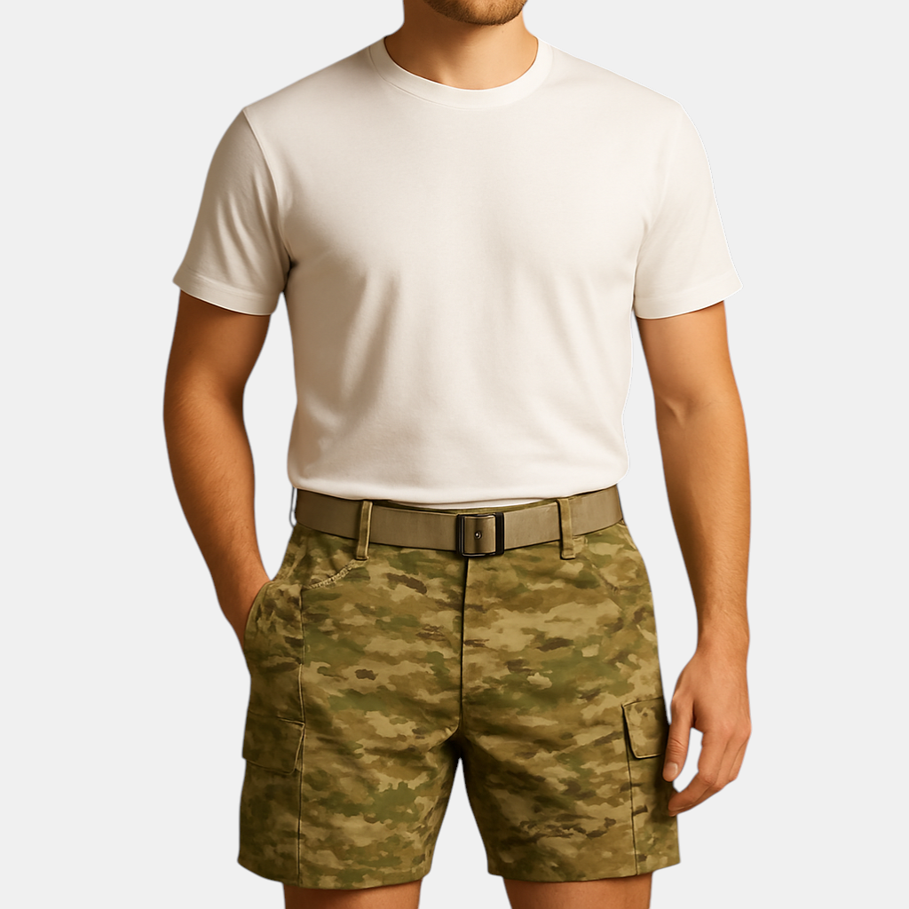 Luxurious cargo shorts for gentlemen with multiple pockets, crafted from soft cotton blend, perfect for walking, traveling an