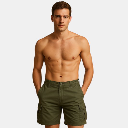 Luxury men's cotton cargo shorts with straight fit and multiple pockets for summer days and casual adventures.