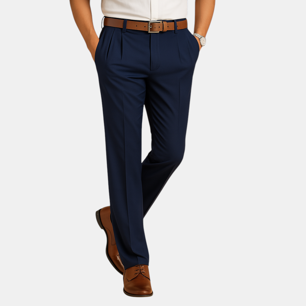 Casual chino broek voor heren met elegante pasvorm, ideaal voor werk, diner of vrije tijd in beige, blauw, antraciet of olijfgroen.