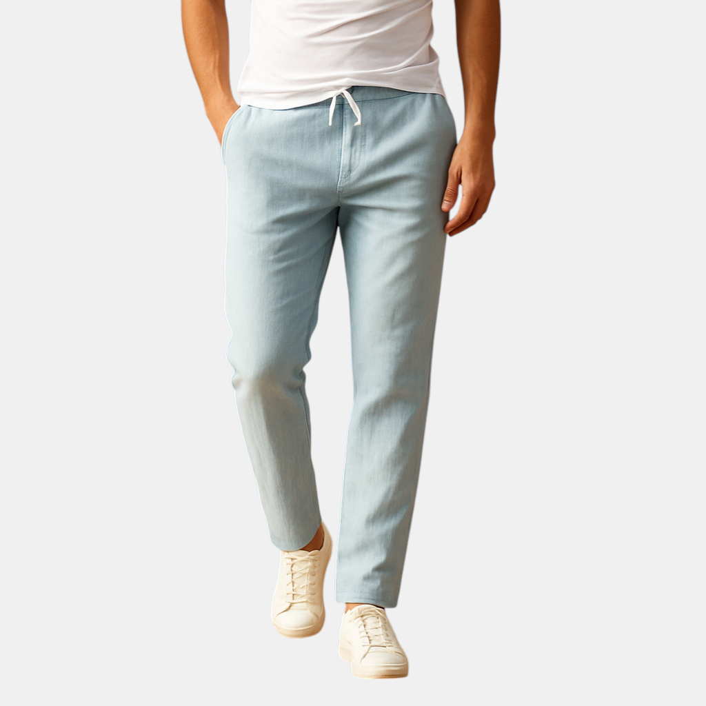 Casual herenbroek van ademend katoen met elastische tailleband in diverse kleuren, perfect voor dagelijks comfort en relaxte outfits.