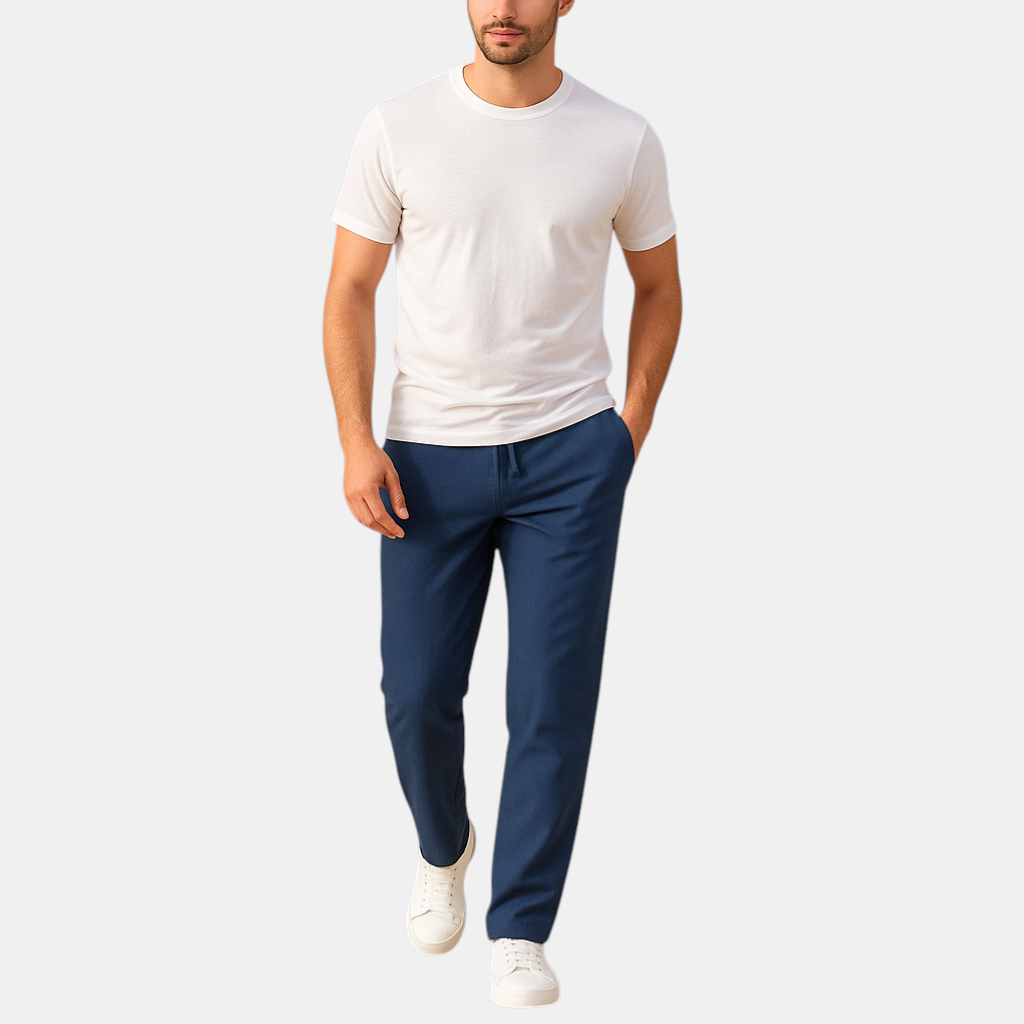 Casual herenbroek van ademend katoen met elastische tailleband in diverse kleuren, perfect voor dagelijks comfort en relaxte outfits.