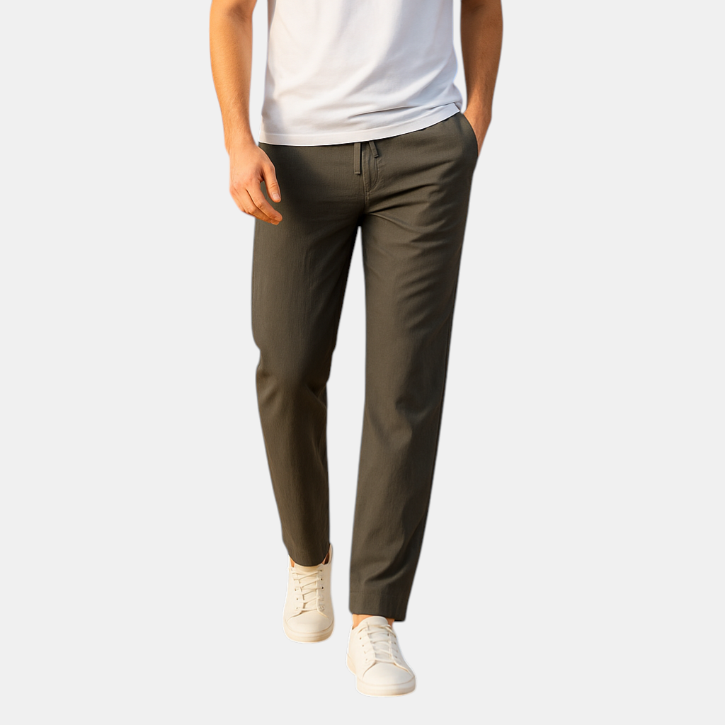 Casual herenbroek van ademend katoen met elastische tailleband in diverse kleuren, perfect voor dagelijks comfort en relaxte outfits.