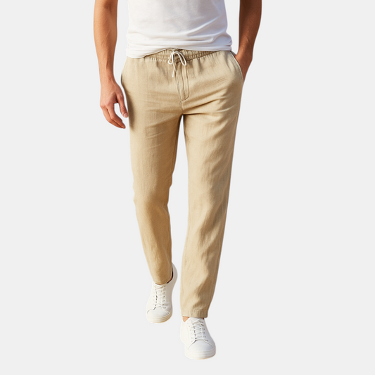 Casual herenbroek van ademend katoen met elastische tailleband in diverse kleuren, perfect voor dagelijks comfort en relaxte outfits.