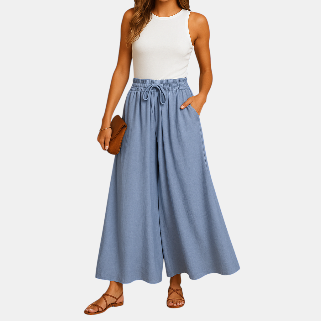 Damesbroek met hoge taille en wijde pijpen, elegant ontwerp met elastische band voor comfortabel en stijlvol dagelijks gebruik.
