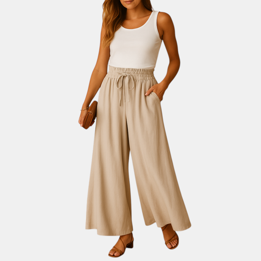 Damesbroek met hoge taille en wijde pijpen, elegant ontwerp met elastische band voor comfortabel en stijlvol dagelijks gebruik.